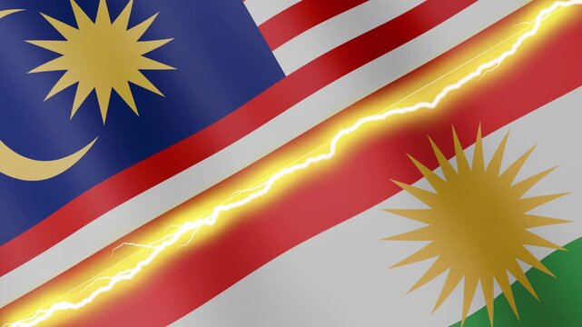 Two waving flags Malaysia and Kurdistan with diagonal lightning seamless, 4k loop