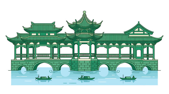 Traditional Chinese Covered Bridge Over Water with Boats