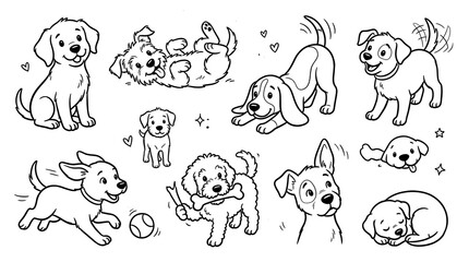Obraz premium Set of cute puppy dog characters playing and resting in simple black and white line art vector illustration style