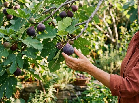 Hand gently picking ripe figs from a lush tree in a sunny garden