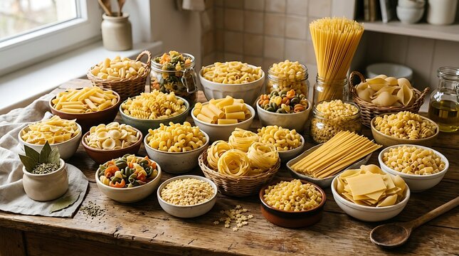 Variety of dry pasta shapes and types arranged on a rustic table