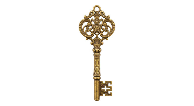 Ornate antique brass key with crown emblem, symbolizing access and royalty