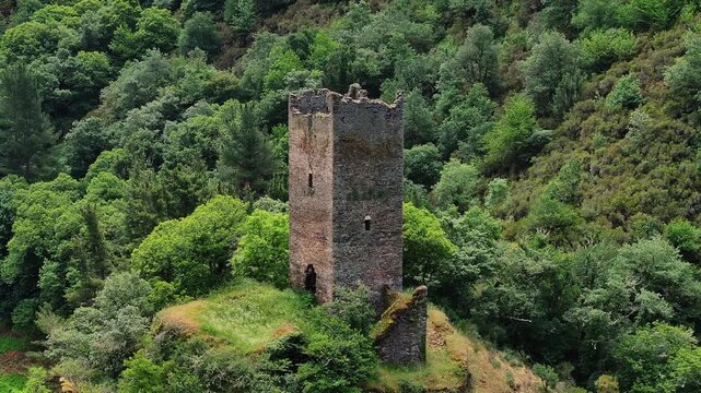 Torre de Doncos - Medieval Slate Fortification In As Nogais, Galicia, Spain. Aerial Rotating Shot