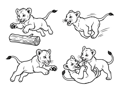 Lion Cubs Playing with Log and Ball Line Art Illustration