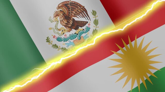 Two waving flags Mexico and Kurdistan with diagonal lightning seamless, 4k loop