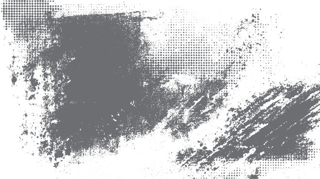 Grey distressed grunge texture with halftone dots and splatters on white background abstract