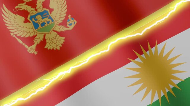 Two waving flags Montenegro and Kurdistan with diagonal lightning seamless, 4k loop