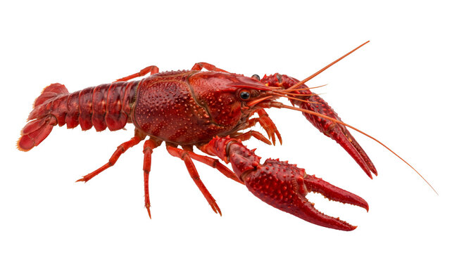 Bright red crawfish with prominent claws and antennae on a white background