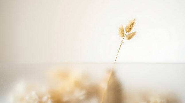 Minimalist Blurred Beige Background with Dried Wheat Stalk in Soft Focus