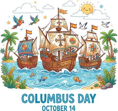 Colorful Illustration of Columbus Day Ships Nina Santa Maria and Pinta on Ocean
