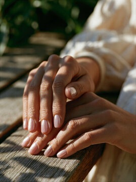 Young hands with chrome powder ombre nails resting on a wooden surface