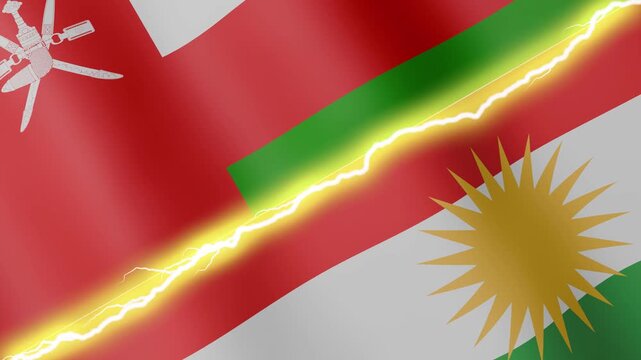 Two waving flags Oman and Kurdistan with diagonal lightning seamless, 4k loop