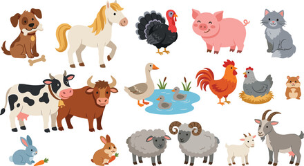 Fototapeta premium Cute farm animals vector set featuring cartoon domestic livestock cow horse pig goat sheep rooster turkey dog and cat isolated on white background.