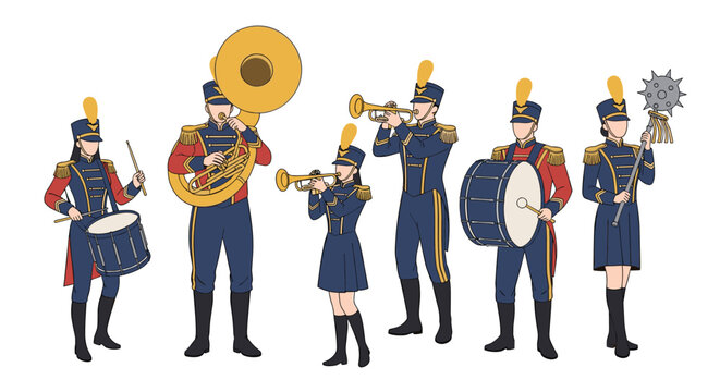 Professional marching band members in formal blue uniforms playing drums trumpets and large tuba instruments.