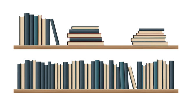 Two wooden bookshelves filled with various books arranged in stacks and vertical rows against white background.