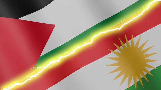 Two waving flags Palestine and Kurdistan with diagonal lightning seamless, 4k loop