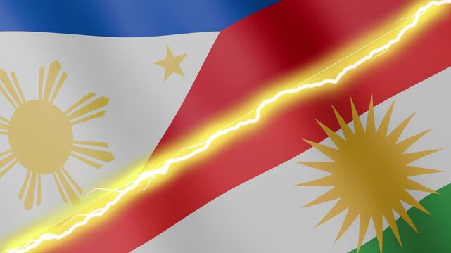 Two waving flags Philippines and Kurdistan with diagonal lightning seamless, 4k loop