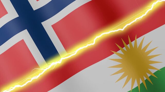 Two waving flags Norway and Kurdistan with diagonal lightning seamless, 4k loop