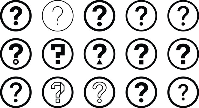 Black Question Mark Icon Set in Circular Frames Vector for Educational Materials, FAQ Web Pages & User Interface Design (EPS)