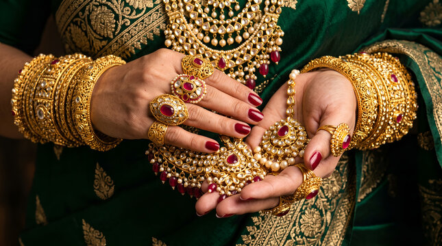 Close up of an Indian woman hands holding a luxury antique gold pendant with rubies and pearls, traditional South Asian bride wearing royal golden bridal jewelry and bangles, cultural heritage and lux