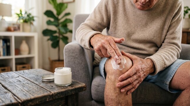 Elderly person applying soothing cream to knee while sitting comfortably in a living room chair with applying white topical elderly individual