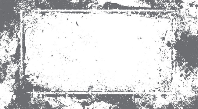 Grey distressed rectangular frame with white center and speckled texture grunge background