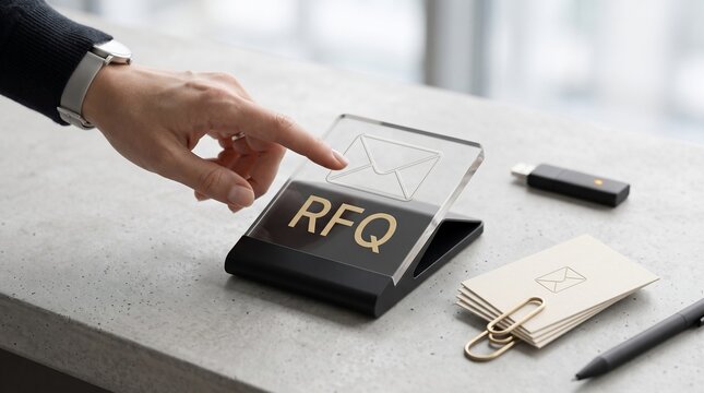 Business professional touching transparent request for quote display sign on office desk surface workspace environment with interacting modern transparent