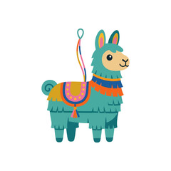 Obraz premium Cute Teal Llama Pi?ata with Colorful Saddle, Isolated on White Background