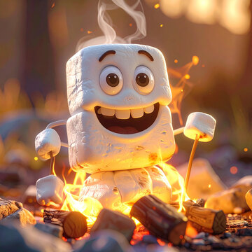 Marshmallow character roasting over campfire