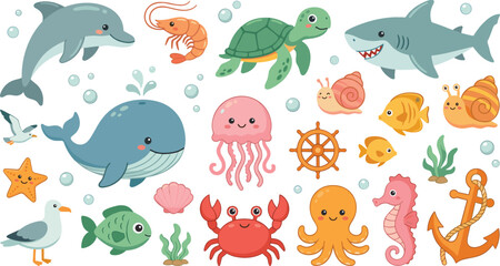Cute ocean animals vector illustration set featuring cartoon sea creatures shark whale dolphin turtle jellyfish octopus crab and anchor isolated on white background. © Rumi