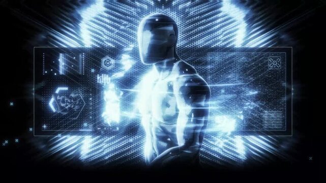 A looping background sequence of digital data style details featuring an AI avatar theme, depicting various concepts including false constructs, AI control and surveillance.