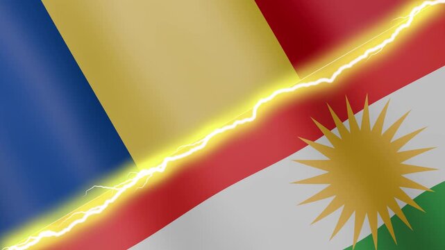 Two waving flags Romania and Kurdistan with diagonal lightning seamless, 4k loop