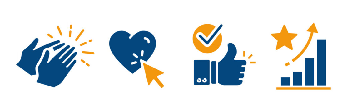 popularity, applaud, approve, like choice, social media interaction, applause,  recommend, set icons blue and yellow colors, flat vector art on white