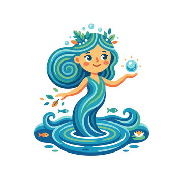 Water Nymph Goddess Personification of Nature, Holding Pearl, Surrounded by Fish and Lilies