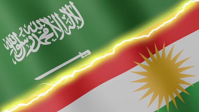 Two waving flags Saudi Arabia and Kurdistan with diagonal lightning seamless, 4k loop