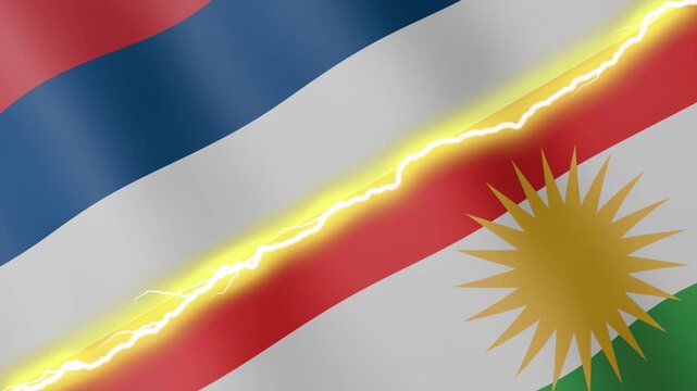 Two waving flags Serbia and Kurdistan with diagonal lightning seamless, 4k loop