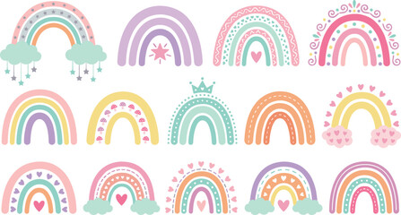 Cute nursery rainbow vector element set featuring pastel boho style hand drawn arches with hearts clouds and stars isolated on white background. © Rumi