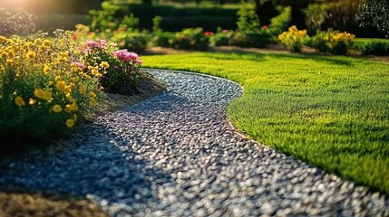Obraz premium Beautiful Landscape Garden Featuring A Scenic Winding Gravel Path Embellished With Sunlight Flowers