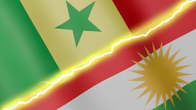 Two waving flags Senegal and Kurdistan with diagonal lightning seamless, 4k loop
