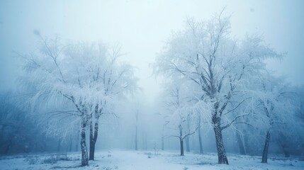 Obraz premium Frozen trees stand tall in a misty, quiet forest
