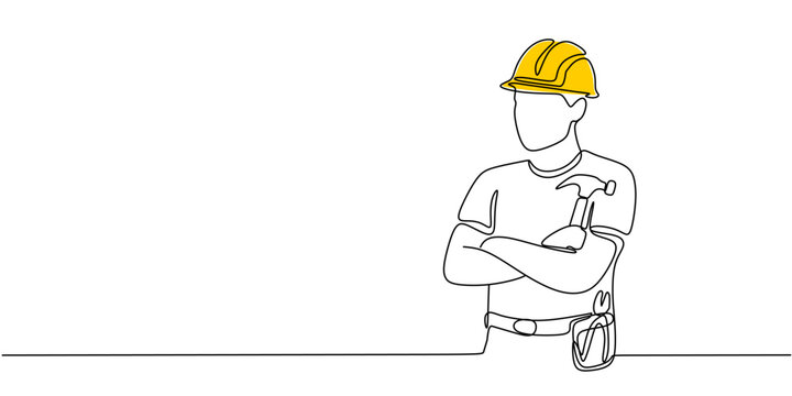 Single continuous line drawing of young construction worker. Building architecture business concept. One line draw design vector	