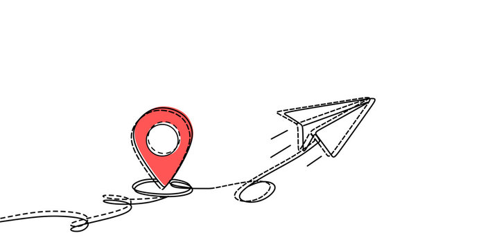 Continuous line paper plane, location pin, airplane vector art background. Abstract doodle email, mail plane, travel dream concept air. Business trip abstract illustration. Direction choice concept.