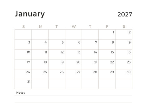 Minimal Monthly Calendar 2027 Printable Template