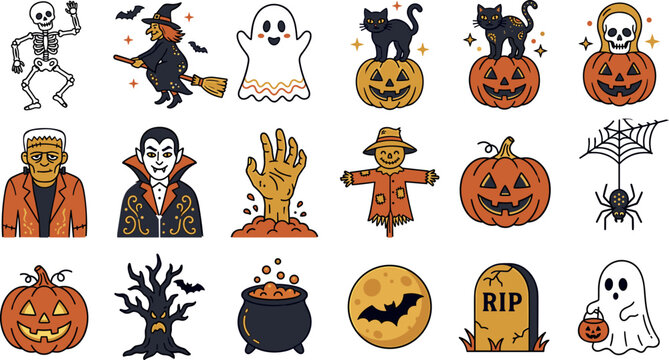  Cute Halloween sticker vector set featuring cartoon witch pumpkin ghost skeleton vampire mummy scarecrow haunted tree and tombstone spooky characters bundle.