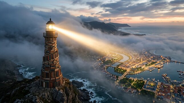 Coastal lighthouse beams light over misty town at sunset