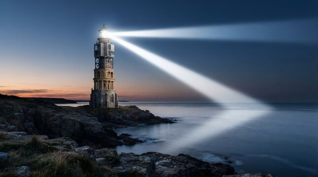 Coastal tower shines bright beam across calm sea at twilight