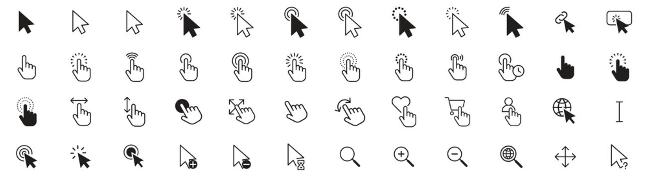 Click Icon Arrow Hand Cursor Tool Set, Hand Pointer Clicking Cursor, Mouse Click Icons, Website UI Cursor Vector, Finger Click Symbol Collection.