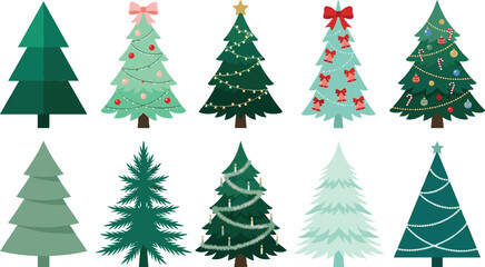 Fototapeta premium Set of Christmas tree vectors with various festive decorations, lights, ornaments, stars, and bows isolated on a white background for holiday design.