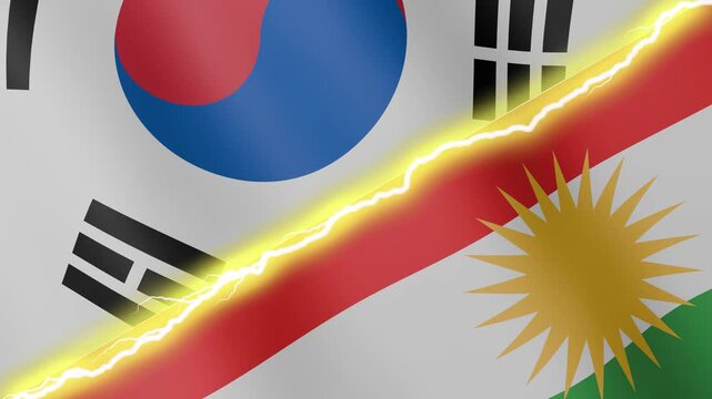 Two waving flags South Korea and Kurdistan with diagonal lightning seamless, 4k loop