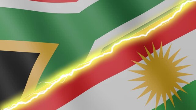 Two waving flags South Africa and Kurdistan with diagonal lightning seamless, 4k loop